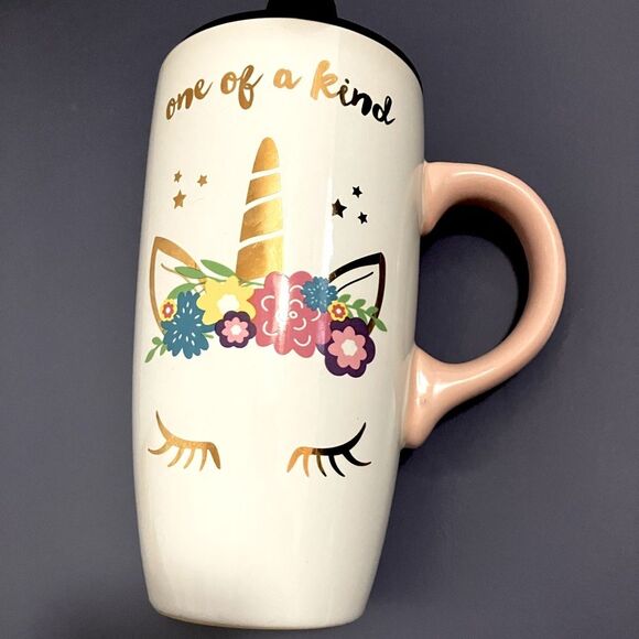 Unicorn Sheffield Travel Mug with Lid- Coffee or Tea Pink Handle - Picture 1 of 13